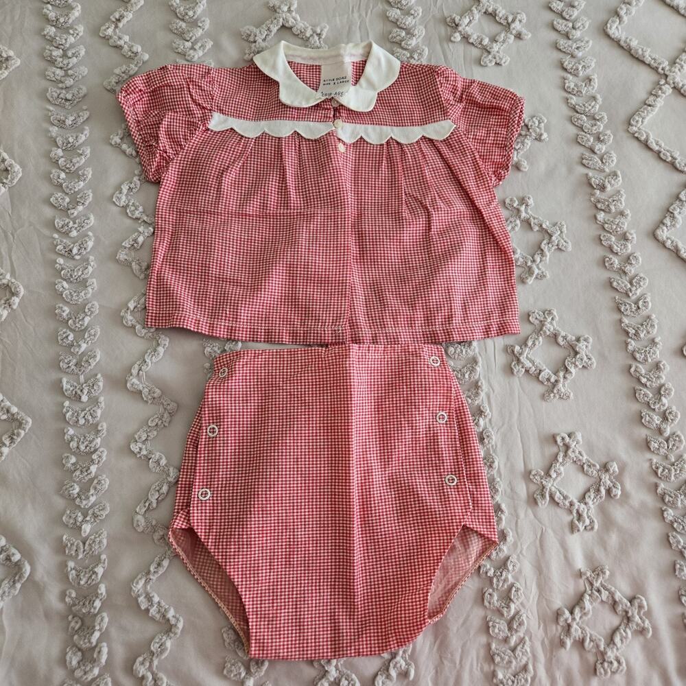 Vintage 70s Crib-Age Fashion 2 Pc Baby Outfit XL Red White Gingham Americana - Picture 2 of 11